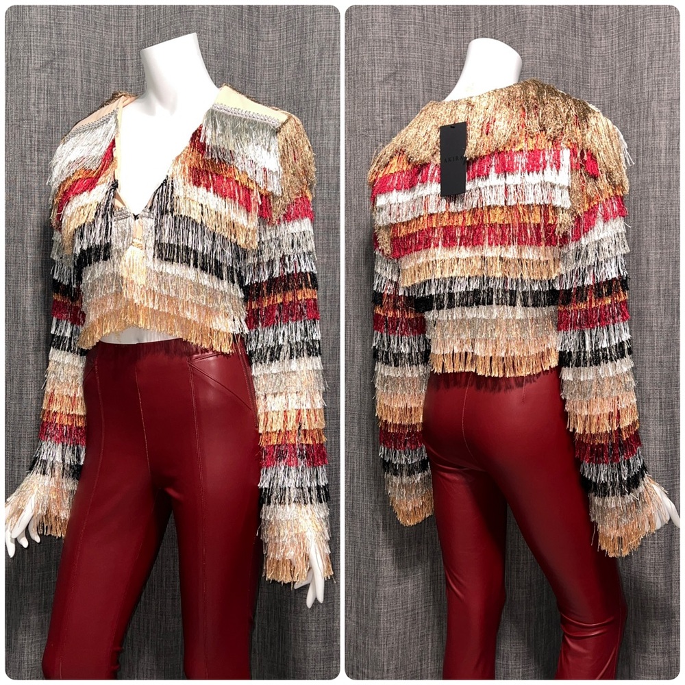 AKIRA Westwood Multi-colored Tiered Fringe Cropped Jacket Small NWT